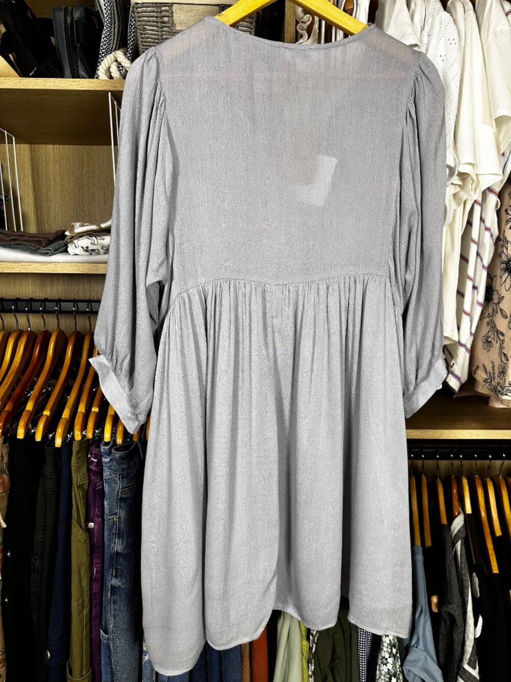 Umgee Embroidered Boho Tunic Dress | Gray | Tassel Detail - Picture 5 of 7
